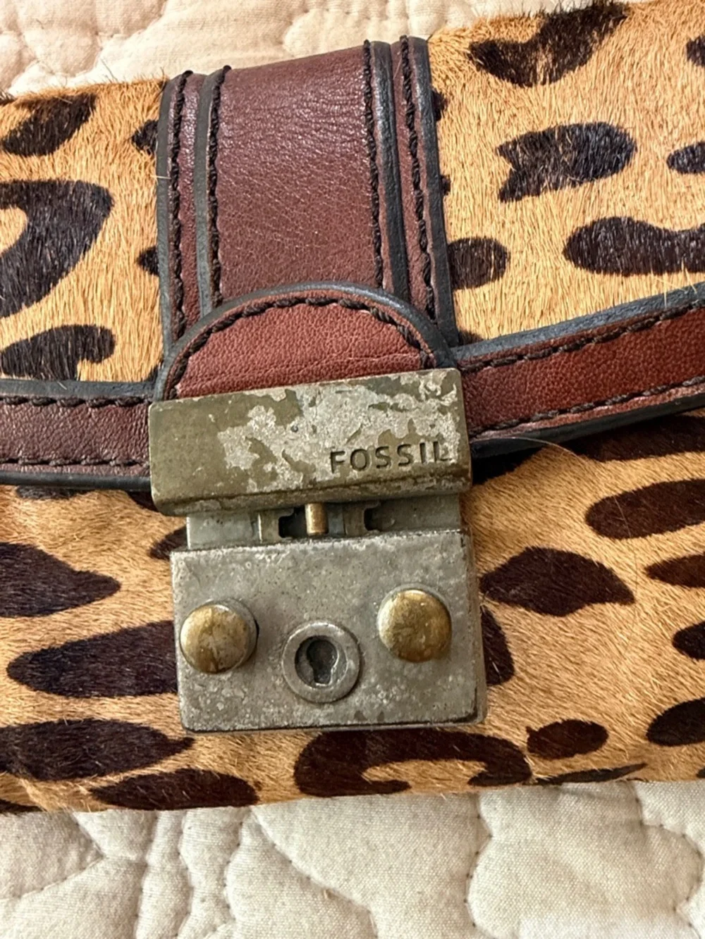 Fossil Leopard Print Calf Hair Trifold Wallet